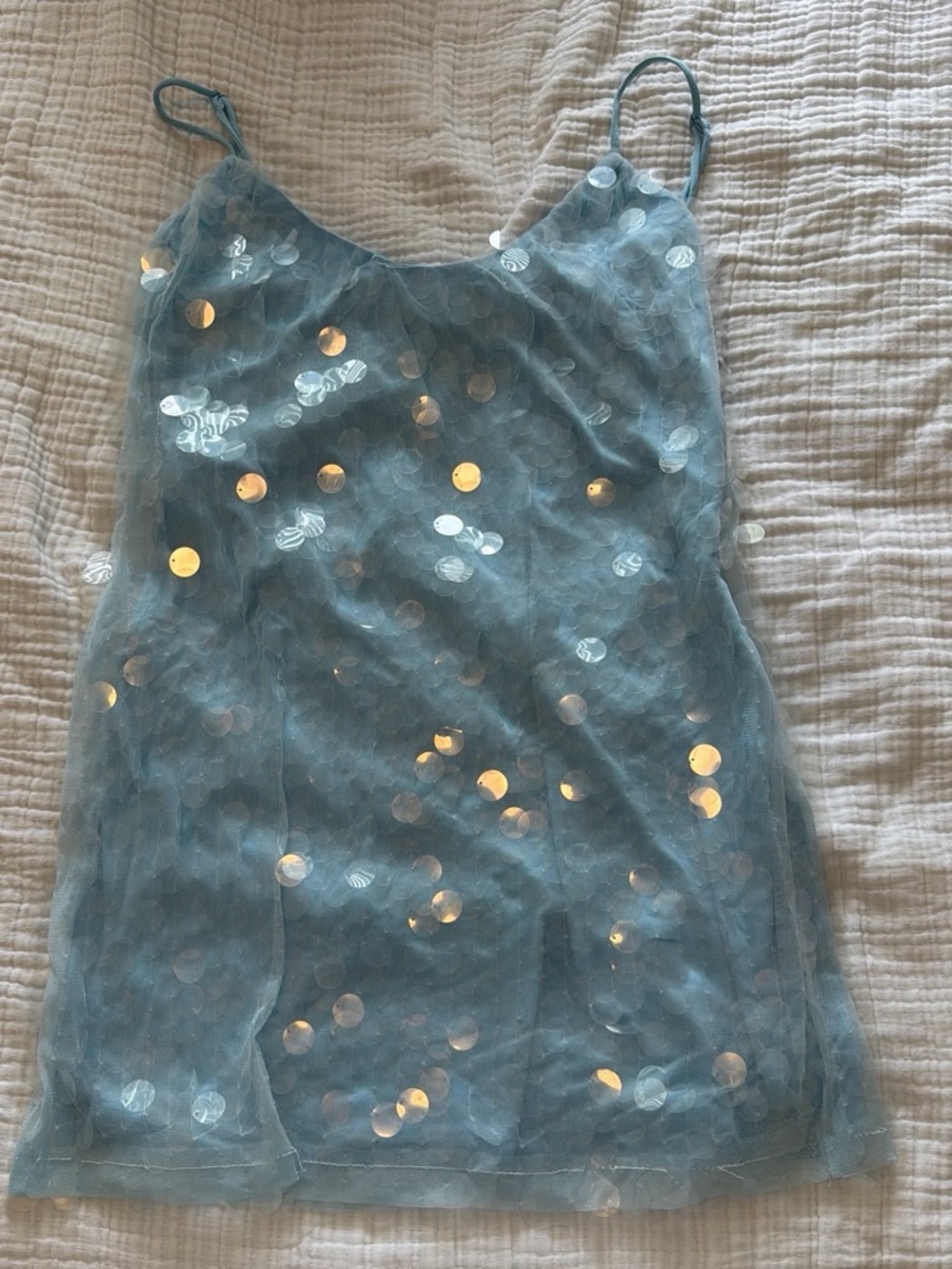 Blue Sequin Slip Mini Dress - Lightweight Spaghetti Strap